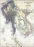 A Political map of  mainland Southeast Asia including Burma, Thailand, Laos, Cambodia and Vietnam, as well as peninsular Malaysia, the Andaman and Nicobar Islands, and part of Sumatra. <br/><br/>

Published, apparently, just before the 3rd Anglo-Burmese War (1885-86) which would extinguish Burmese independence, it shows 'Independent Burma' in an approximate rectangle around Mandalay. To the east lies the 'Independent Shan Country' encompassing the Burmese Shan States and northern Laos. East of this again is Tonkin, or northern Vietnam, where the 'Independent Tribes' represent the semi-independent Tai domain of Sipsongchuthai, absorbed by the French in 1888 and now a part of Vietnam. <br/><br/>

South of this again, the 'Shan States' encompass the former Lan Na Kingdom centred on Chiang Mai to the west, and the Lao kingdoms of Luang Prabang, Vientiane and Champassak to the east. Chiang Mai is no longer shown as extending west of the Salween River, as is the case in some earlier European maps. Interestingly (and culturally, though no longer politically) accurate, Nong Khai and Ubon Ratchathani are shown as part of the Lao states tributary to Siam. <br/><br/>

To the south, Bangkok is clearly indicated as the capital of Siam, while Siamese control over more than half of Cambodia, including Angkor Wat and Battambang, is indicated. Cochinchina is shown as a French colony (1862). Siamese control is acknowledged over most of peninsular Malaya, though the nascent British Straits Settlements at Penang and Province Wellesley (1867) are shown.